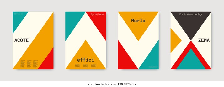 Minimal vector covers design. Geometric cover. Red, gold, green, white, bright colorful set graphic design. Shapes patterns. Triangle template. Cool minimal vector covers design. Business concept.
