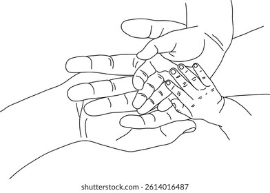 Minimal vector drawing of baby hand resting in adult’s palm, symbol of trust and care