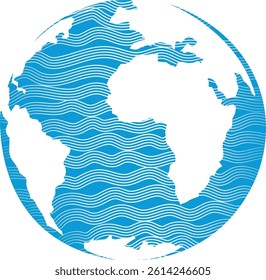 Minimal vector Earth illustration with wavy lines representing water and nature, perfect for Earth Day, eco projects, climate change, and environmental concepts. Wavy Line Earth Globe Vector.