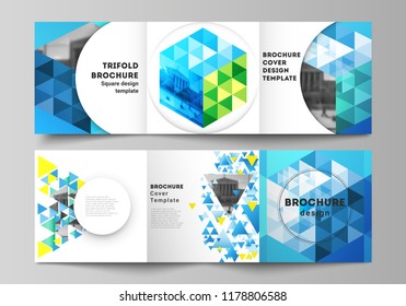 The minimal vector editable layout of square format covers design templates for trifold brochure, flyer, magazine. Blue color polygonal background with triangles, colorful mosaic pattern.