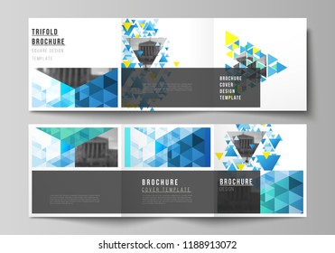 The minimal vector editable layout of square format covers design templates for trifold brochure, flyer, magazine. Blue color polygonal background with triangles, colorful mosaic pattern.