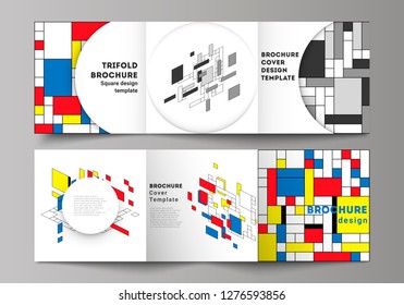 The minimal vector editable layout of square format covers design templates for trifold brochure, flyer, magazine. Abstract polygonal background, colorful mosaic pattern, retro bauhaus de stijl design