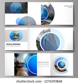 The minimal vector editable layout of square format covers design templates for trifold brochure, flyer, magazine. Creative modern blue background with circles and round shapes.