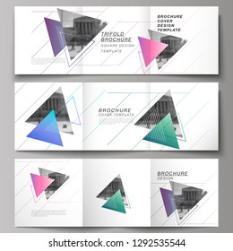 The minimal vector editable layout of square format covers design templates for trifold brochure, flyer, magazine. Colorful polygonal background with triangles, modern memphis pattern.