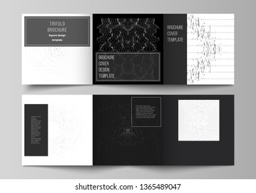 Minimal vector editable layout of square format covers design templates for trifold brochure, flyer, magazine. Trendy modern science or technology background with dynamic particles. Cyberspace grid.
