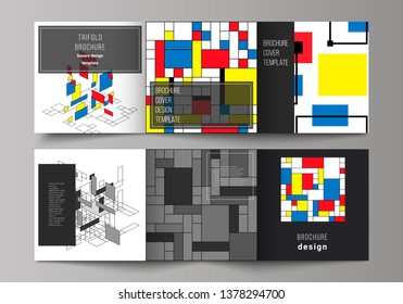 The minimal vector editable layout of square format covers design templates for trifold brochure, flyer, magazine. Abstract polygonal background, colorful mosaic pattern, retro bauhaus de stijl design