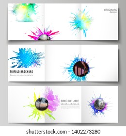 The minimal vector editable layout of square format covers design templates for trifold brochure, flyer, magazine. Colorful watercolor paint stains vector backgrounds.