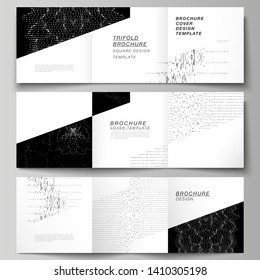 Minimal vector editable layout of square format covers design templates for trifold brochure, flyer, magazine. Trendy modern science or technology background with dynamic particles. Cyberspace grid.