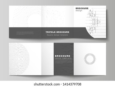 Minimal vector editable layout of square format covers design templates for trifold brochure, flyer, magazine. Trendy modern science or technology background with dynamic particles. Cyberspace grid.