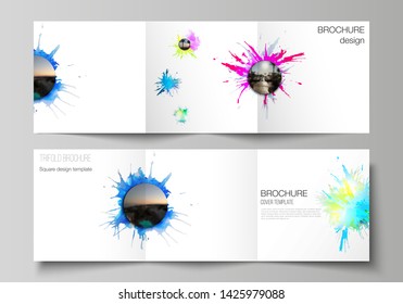 The minimal vector editable layout of square format covers design templates for trifold brochure, flyer, magazine. Colorful watercolor paint stains vector backgrounds.