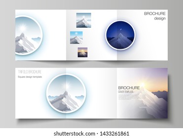 Minimal vector editable layout of square format covers design templates for trifold brochure, flyer, magazine. Mountain illustration, outdoor adventure. Travel concept background. Flat design vector.