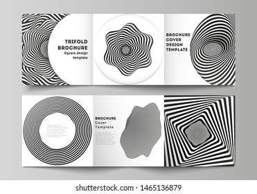 Minimal vector editable layout of square format covers design templates for trifold brochure, flyer, magazine. Abstract 3D geometrical background with optical illusion black and white design pattern.