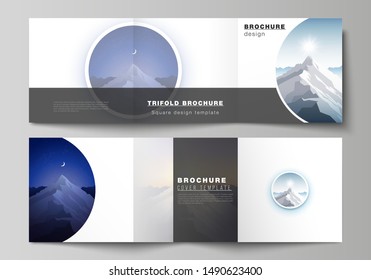 Minimal vector editable layout of square format covers design templates for trifold brochure, flyer, magazine. Mountain illustration, outdoor adventure. Travel concept background. Flat design vector.