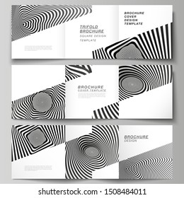 Minimal vector editable layout of square format covers design templates for trifold brochure, flyer, magazine. Abstract 3D geometrical background with optical illusion black and white design pattern.