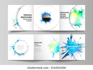 The minimal vector editable layout of square format covers design templates for trifold brochure, flyer, magazine. Colorful watercolor paint stains vector backgrounds.