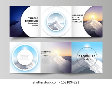 Minimal vector editable layout of square format covers design templates for trifold brochure, flyer, magazine. Mountain illustration, outdoor adventure. Travel concept background. Flat design vector.