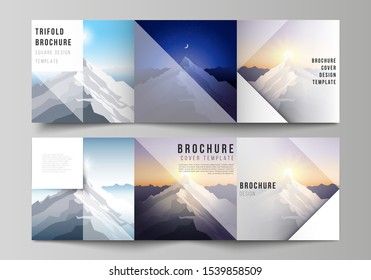 Minimal vector editable layout of square format covers design templates for trifold brochure, flyer, magazine. Mountain illustration, outdoor adventure. Travel concept background. Flat design vector.