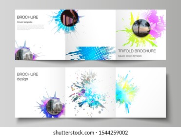The minimal vector editable layout of square format covers design templates for trifold brochure, flyer, magazine. Colorful watercolor paint stains vector backgrounds.