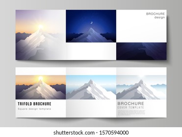 Minimal vector editable layout of square format covers design templates for trifold brochure, flyer, magazine. Mountain illustration, outdoor adventure. Travel concept background. Flat design vector.