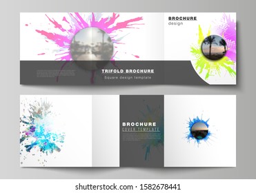 The minimal vector editable layout of square format covers design templates for trifold brochure, flyer, magazine. Colorful watercolor paint stains vector backgrounds.