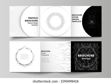 Minimal vector editable layout of square format covers design templates for trifold brochure, flyer, magazine. Trendy modern science or technology background with dynamic particles. Cyberspace grid.