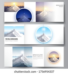 Minimal vector editable layout of square format covers design templates for trifold brochure, flyer, magazine. Mountain illustration, outdoor adventure. Travel concept background. Flat design vector.