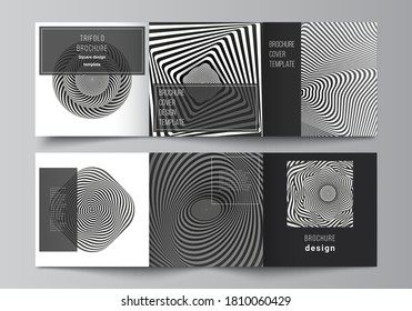 Minimal vector editable layout of square format covers design templates for trifold brochure, flyer, magazine. Abstract 3D geometrical background with optical illusion black and white design pattern.