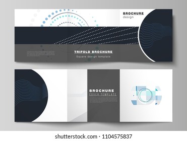 The minimal vector editable layout of two square format covers design templates with simple geometric background made from dots, circles, rectangles for trifold square brochure, flyer, magazine.