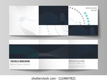 The minimal vector editable layout of two square format covers design templates with simple geometric background made from dots, circles, rectangles for trifold square brochure, flyer, magazine.