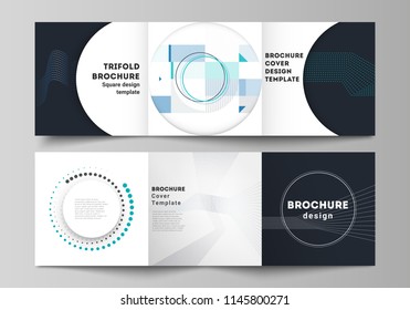 The minimal vector editable layout of two square format covers design templates with simple geometric background made from dots, circles, rectangles for trifold square brochure, flyer, magazine.