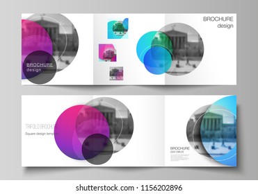 The minimal vector editable layout of two square format covers design templates for trifold square brochure, flyer, magazine. Creative modern bright background with colorful circles and round shapes.