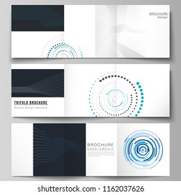 The minimal vector editable layout of two square format covers design templates with simple geometric background made from dots, circles, rectangles for trifold square brochure, flyer, magazine.