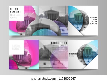 The minimal vector editable layout of two square format covers design templates for trifold square brochure, flyer, magazine. Creative modern bright background with colorful circles and round shapes.