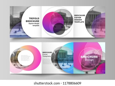 The minimal vector editable layout of two square format covers design templates for trifold square brochure, flyer, magazine. Creative modern bright background with colorful circles and round shapes.