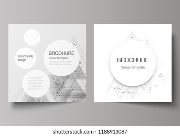 The minimal vector editable layout of two square format covers design templates for brochure, flyer, magazine. Polygonal background with triangles, connecting dots and lines. Connection structure.