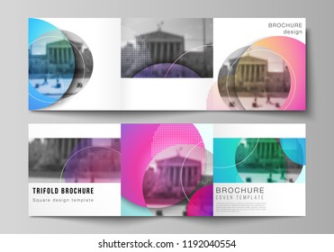 The minimal vector editable layout of two square format covers design templates for trifold square brochure, flyer, magazine. Creative modern bright background with colorful circles and round shapes.