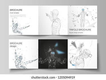 The minimal vector editable layout of two square format covers design template for trifold square brochure, flyer, magazine. Man with glasses of virtual reality. Abstract vr, future technology concept