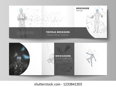 The minimal vector editable layout of two square format covers design template for trifold square brochure, flyer, magazine. Man with glasses of virtual reality. Abstract vr, future technology concept