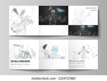 The minimal vector editable layout of two square format covers design template for trifold square brochure, flyer, magazine. Man with glasses of virtual reality. Abstract vr, future technology concept