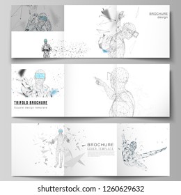 The minimal vector editable layout of two square format covers design template for trifold square brochure, flyer, magazine. Man with glasses of virtual reality. Abstract vr, future technology concept