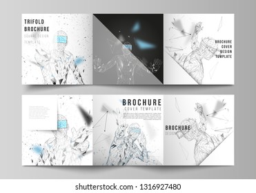 The minimal vector editable layout of two square format covers design template for trifold square brochure, flyer, magazine. Man with glasses of virtual reality. Abstract vr, future technology concept