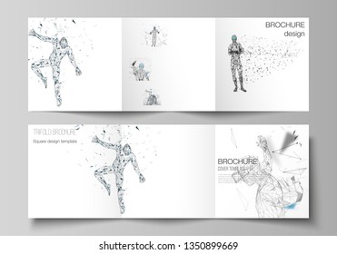 The minimal vector editable layout of two square format covers design template for trifold square brochure, flyer, magazine. Man with glasses of virtual reality. Abstract vr, future technology concept