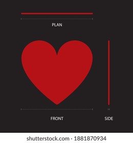 Minimal vector flat design red heart shape with plan, front, side on black. Valentines concept.
