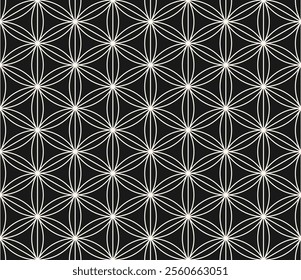 Minimal vector geometric seamless pattern with floral grid, thin lines, hexagons, triangles, circles, lattice. Abstract black and white linear background in oriental style. Repeated dark geo texture