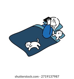 Vector mínimo de una niña acostada en la cama, desplazándose por su teléfono con dos gatos a su lado. Perfecto para gráficos de rutina nocturna, amantes de las mascotas, mensajes de estilo de vida acogedores, blogs y contenido social.