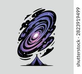 Minimal vector graphic of a camping tent set under a massive cosmic spiral galaxy with twinkling stars and dark clouds. Outdoor adventure vector illustration featuring a campsite tent beneath a vibrant purple cosmic space vortex and starry sky. 
