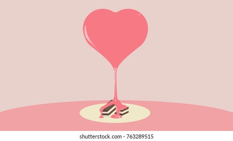 Minimal vector graphic of pink love heart melting on to a pile of chocolate for Valentine.