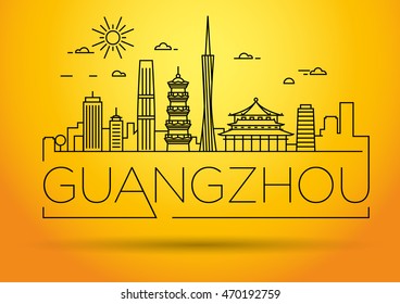 Minimal Vector Guangzhou City Linear Skyline with Typographic Design