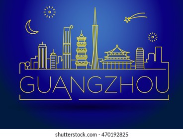 Minimal Vector Guangzhou City Linear Skyline with Typographic Design