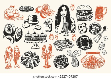 Minimal vector hand drawn food and beverage doodles collection. Art for postcards, posters, branding, logo design, background, social media.
